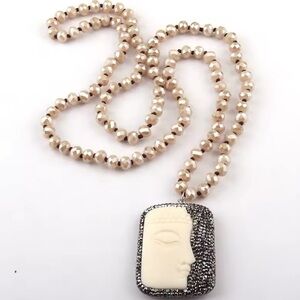 Ethnic Buddha Luck Gayatri Cream Beaded Long Crustal Necklace